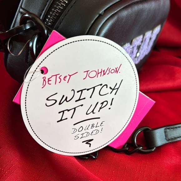 BETSEY JOHNSON DOUBIE SIDED  Black Crossbody Bag with Orange /purple Lettering - Picture 4 of 9
